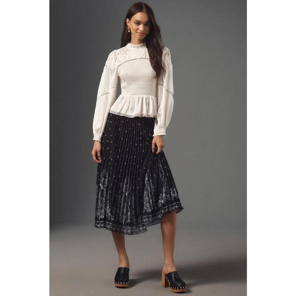 Farm Rio Dresses & Skirts - Farm Rio - Black Pleated Midi Skirt with Floral Border Print, Size L